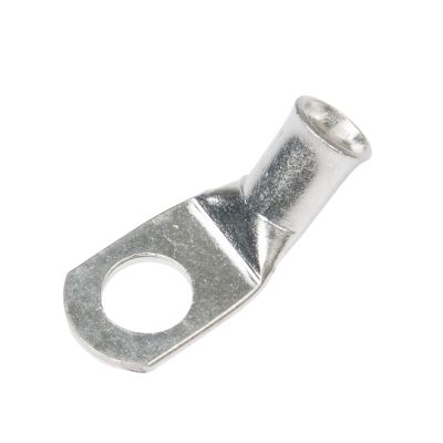 Copper tin-plated lug with a 45-degree bend for 6 gauge wires, showing a polished metal finish and circular hole.