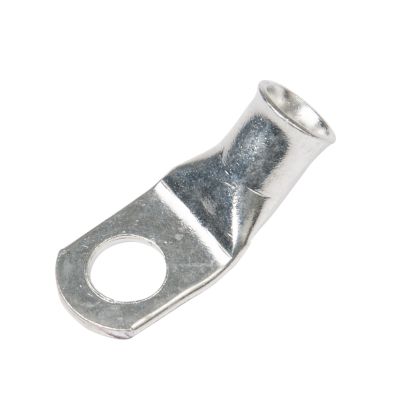 Copper tin plated lug with angled bend, designed for electrical connections, featuring a wide opening for secure attachment.