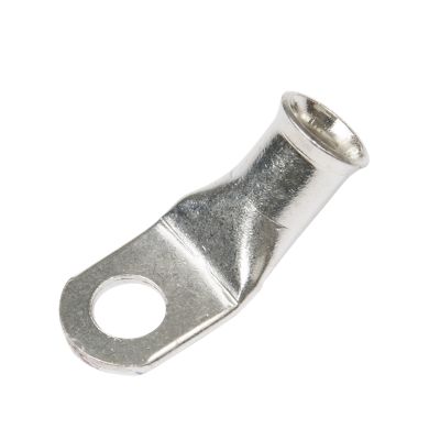 Copper tin-plated lug with 45-degree bend, designed for 2 gauge cables. Ideal for electrical connections.