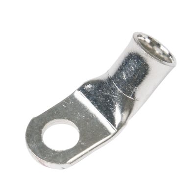 Tin-plated copper lug with angled design and hole, ideal for electrical connections and secure installations.