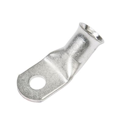 Copper tin plated lug with a 45-degree bend, showing a hole for secure electrical connections, suitable for 2/0 gauge wire.