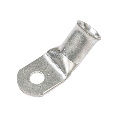 Copper tin plated lug with a 45-degree bend, featuring a smooth finish and circular hole for secure connections.