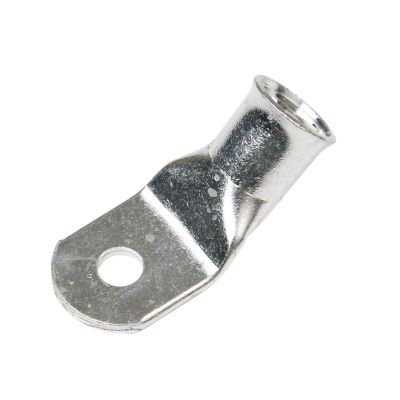 Copper tin-plated lug with a 45-degree bend, featuring a hole for cable attachment, suitable for 4/0 gauge wiring.
