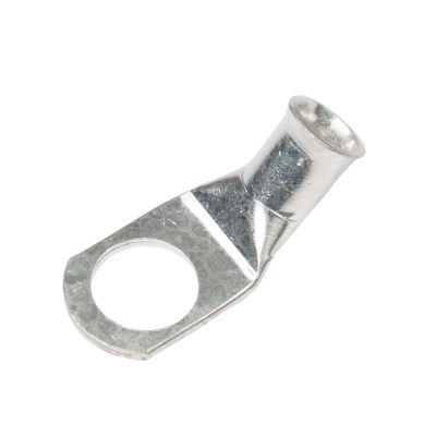 Copper tin plated lug with a 45-degree bend, designed for 6 gauge cables, featuring a ring terminal end.