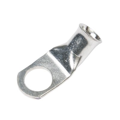 Copper tin plated lug with 45-degree bend, featuring a circular opening, designed for 4 gauge wire connections.