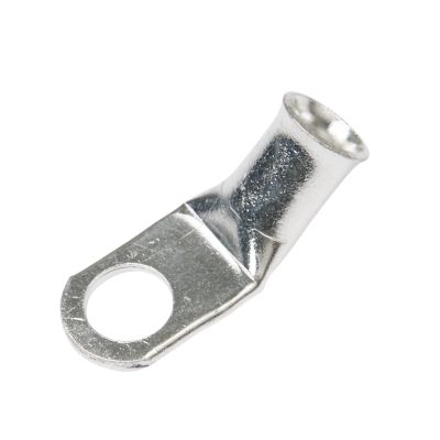 Copper tin plated lug with 45-degree bend for 2-gauge wires, ideal for electrical connections and conductivity.