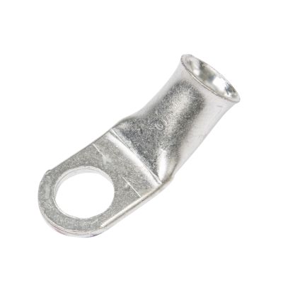 Copper tin plated lug with a 45-degree bend and circular opening, ideal for electrical connections.