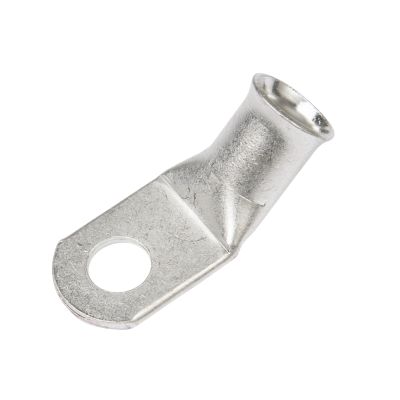 Copper tin plated lug with a 45-degree bend, featuring a hole for connection. Designed for 2/0 gauge electrical use.