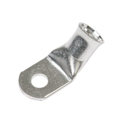 Copper tin-plated lug with a 45-degree bend, designed for electrical connections on 4/0 gauge wires.