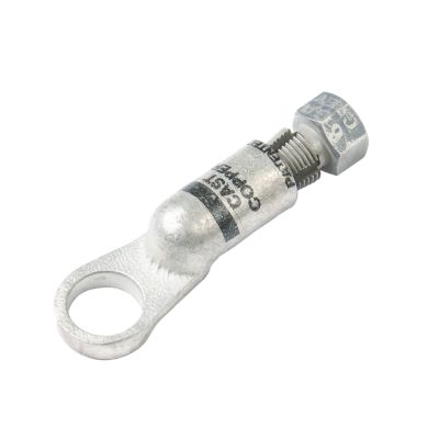 Compression nut heavy wall lug with large loop and threaded stud, designed for securing cables in electrical applications.