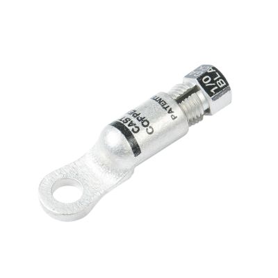 Compression nut heavy wall lug by Quick Cable with circular hole and threaded end, designed for secure connections.