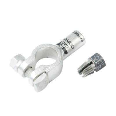 Negative straight compression nut battery terminal with silver finish, featuring a bolt and an open ring for secure connections.