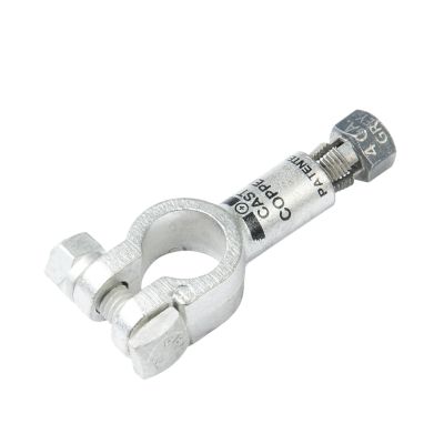 Compression nut battery terminal, straight design with prominent cable grip.