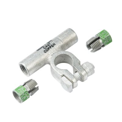 Positive flag compression nut battery terminals made of cast copper with screws, showcasing quality electrical components.