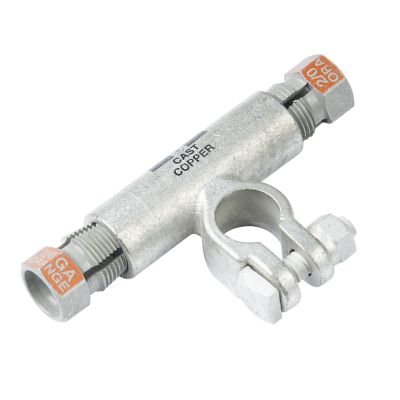 Compression nut battery terminal with flag design, made of cast copper, featuring bolts on both ends.