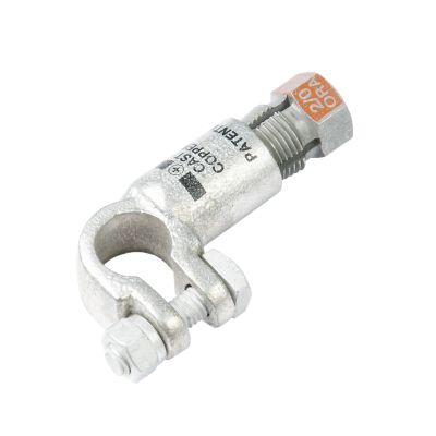 Compression nut battery terminal with left elbow design, suitable for 2/0 gauge positive connections.