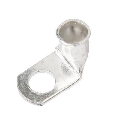 Copper tin-plated lug with 90-degree bend, featuring a sturdy, durable design for optimal conductivity and easy installation.