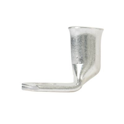 Silver 90-degree tinned copper lug with a hole for attachment, designed for electrical connections.