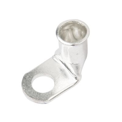 Copper tin plated lug with 90-degree bend and smooth surface, featuring a hole for secure wiring connections.
