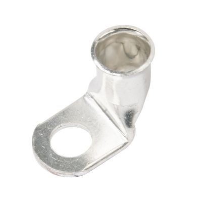 Copper tin-plated lug with a 90-degree bend, featuring a round opening for secure cable connection.