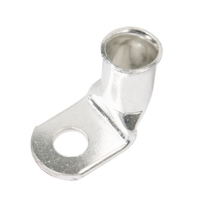 Copper tin plated lug with 90-degree bend, durable connector for electrical wires and cables.