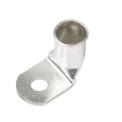 Copper tin plated lug with a 90-degree bend and circular hole, designed for 3/0 gauge wire connections.