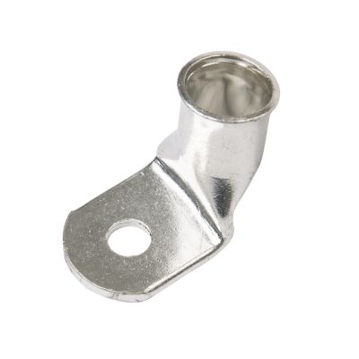 Copper tin-plated lug with a 90-degree bend for 4/0 gauge wires.