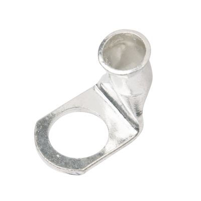 Copper tin plated lug with 90-degree bend, showcasing a smooth finish and circular opening for 6-gauge wire connection.
