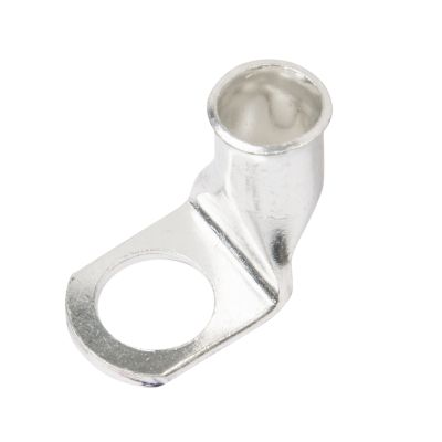 Copper tin plated lug with a 90-degree bend and circular opening, designed for 4-gauge cables.