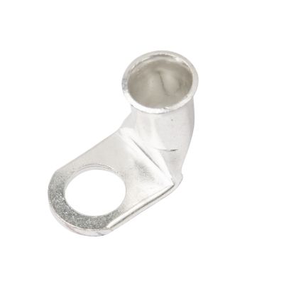 Copper tin plated lug with 90-degree bend, suitable for electrical applications.
