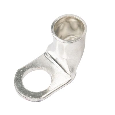 Copper tin-plated lug with 90-degree bend, featuring ring terminal and durable finish for electrical connections.