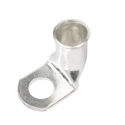 Copper tin-plated lug with 90-degree bend, suitable for 1/0 gauge wiring applications.