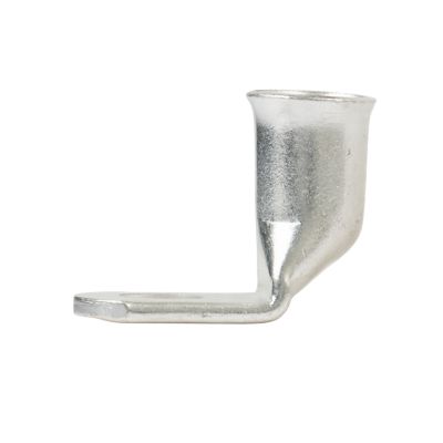 Tinned copper lug with a 90-degree angle, featuring a smooth metallic finish and circular opening for a 3/8" stud.