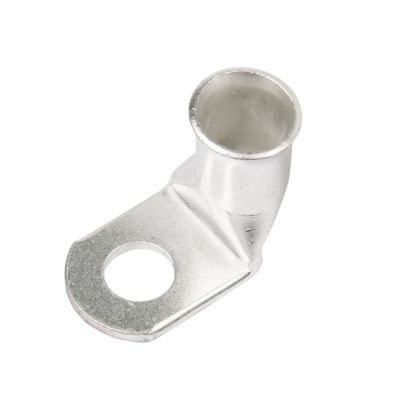 Copper tin-plated lug with 90-degree bend for 2/0 gauge cables, featuring a mounting hole and smooth finish.