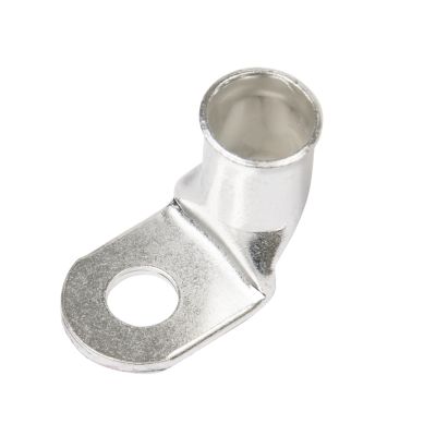 Copper tin plated lug with 90-degree bend, designed for 3/0 gauge cables, exhibiting a clean metallic finish.