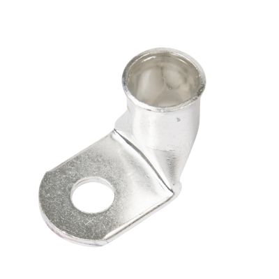 Copper tin-plated lug with a 90-degree bend, ideal for electrical applications and secure connections.