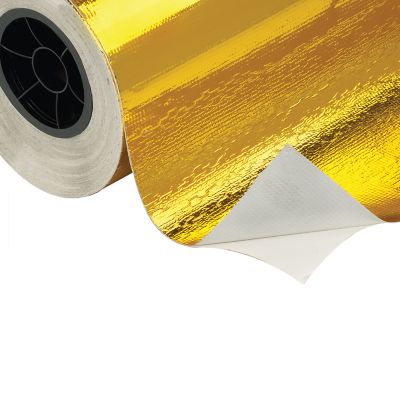 Roll of shiny gold foil with a textured surface, partially unrolled, showing reflective metallic finish.