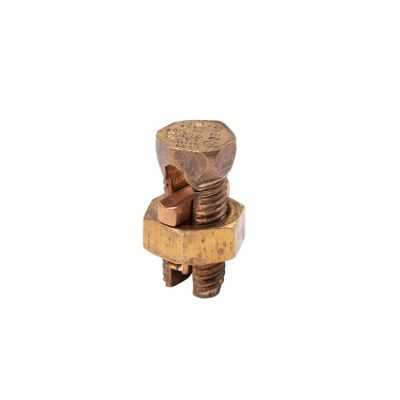 ILSCO copper split bolt connector showcasing its threaded design and sturdy construction against a white background.