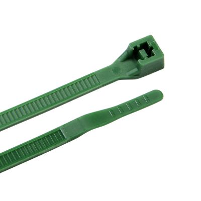 Green cable tie for securing items, designed for durability and strength up to 40 lbs.