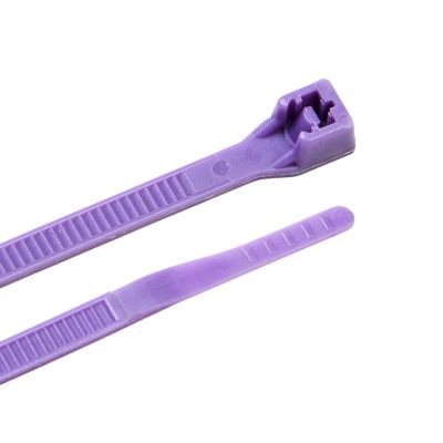 Purple cable tie with a secure locking head and smooth texture, suitable for fastening and organizing cables efficiently.