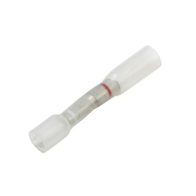 Transparent heat shrink and crimp multi-wire butt connector on white background.