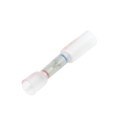Transparent heat shrink 2-1 butt connector with red and blue seals for secure electrical wiring connections.
