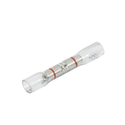 Clear-view heat shrink and crimp butt connector with red stripe, designed for 22-18 gauge wires. Ideal for secure wiring.
