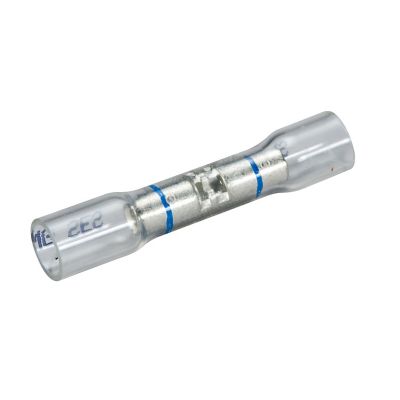 Clear-View heat shrink and crimp butt connector with blue stripe for 16-14 gauge wires, showcasing durability and clarity.