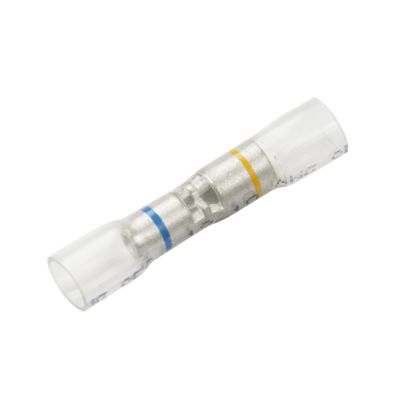 Clear-view heat shrink crimp connector with color-coded rings, showcasing step-down design for efficient wire connectivity.