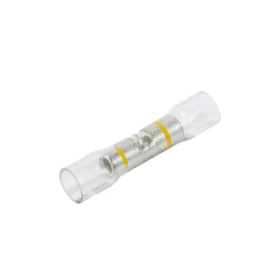 Clear-view heat shrink and crimp butt connector with yellow stripe, ideal for 12-10 gauge wires.