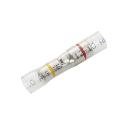 Clear-view heat shrink and crimp step-down butt connector, showcasing dual gauge compatibility and color-coded design.