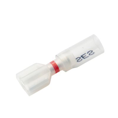 Clear-view heat shrink and crimp push-on terminal with a red stripe for 22-18 GA wire connections, female type.