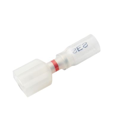 Clear-View heat shrink crimp terminal with red stripe, designed for push-on connections in electrical applications.