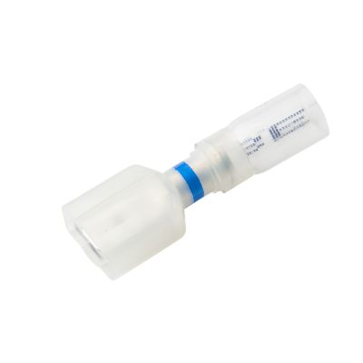 Clear-view male push-on terminal with heat shrink, blue stripe, and crimp connection for 16-14 gauge wire.